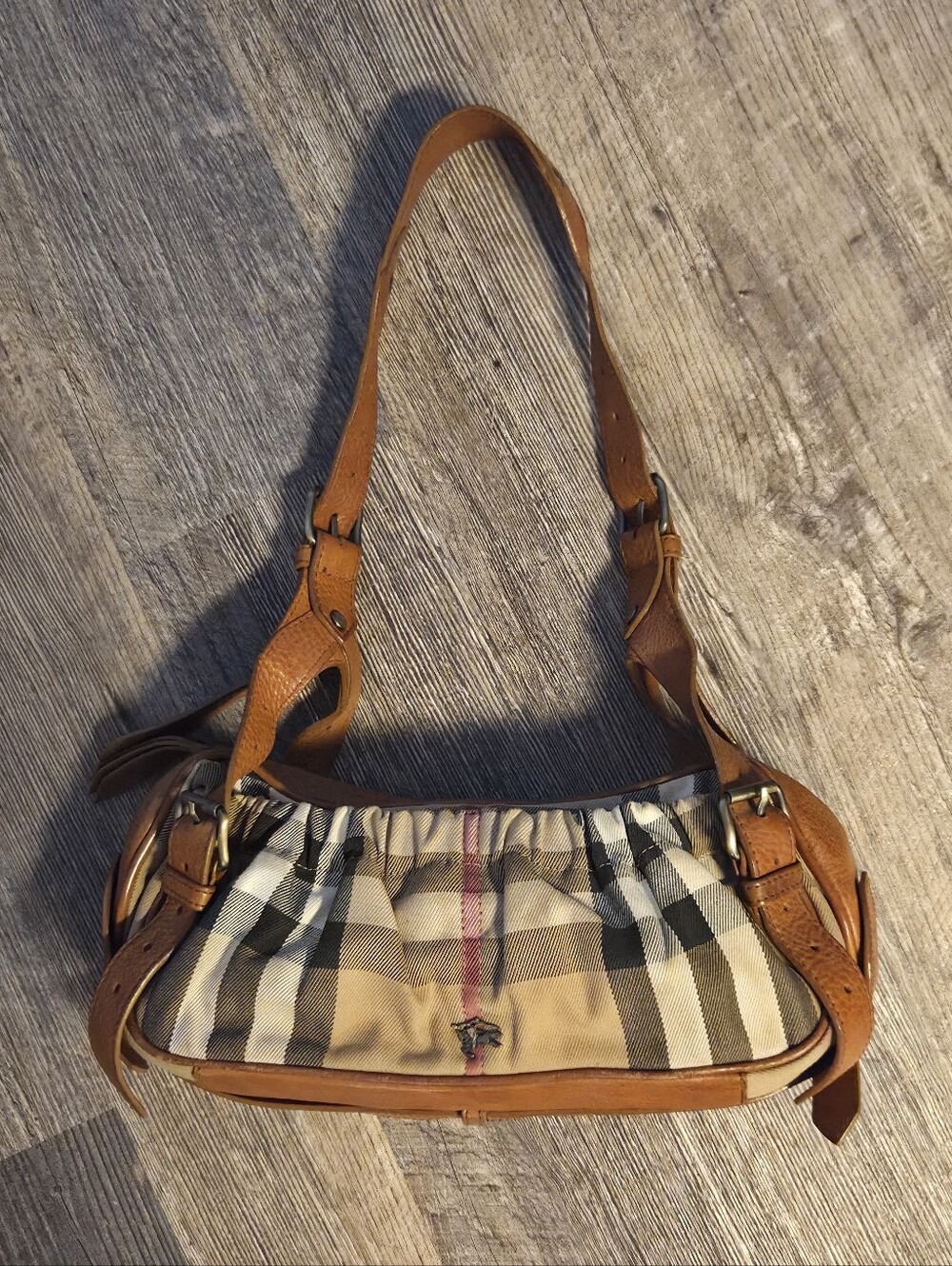 Burberry Nova Check Brown Leather Shoulder Bag Italy Adjustable Strappy Plaid